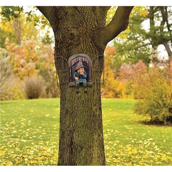 Garden Gnome Statue,Elf Out The Door Tree Hugger -5.9Inch,Funny Garden TreeDecor - Picture 3 of 8